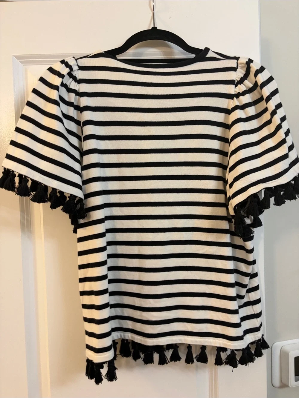 Black and White Striped Short Sleeve Tee with Tassel Trim